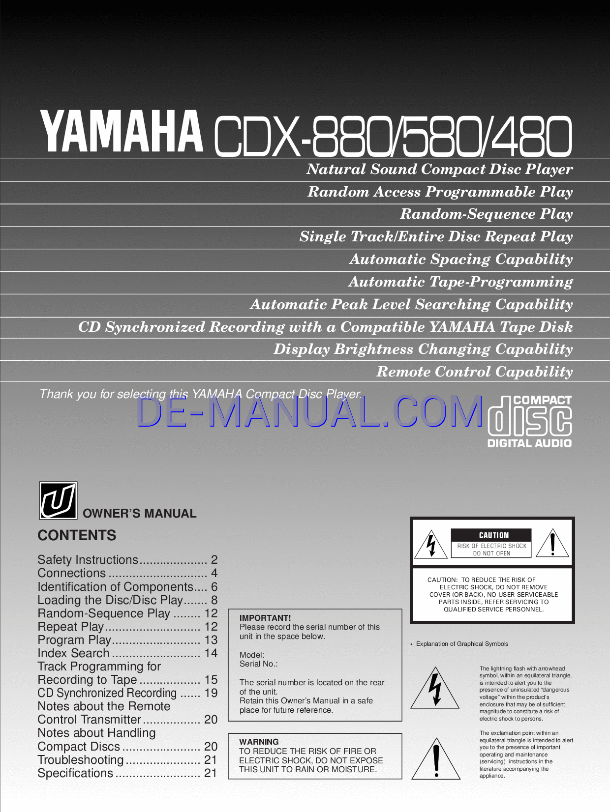 Read online Owner's Manual for Yamaha CDX-580 (Page 1)