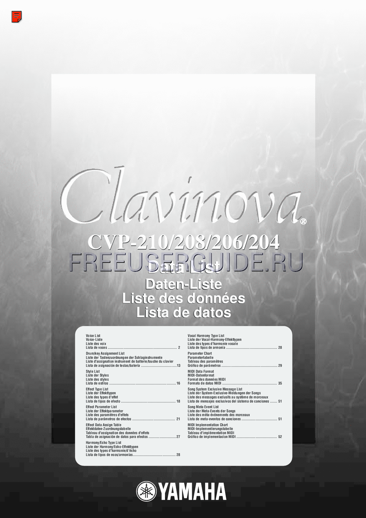 Read online Data List for Yamaha Clavinova CVP-204 (Page 1)